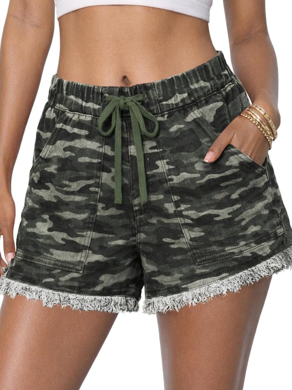 High Waist Drawstring Camo Denim Shorts for Women - Summer Fringe Style